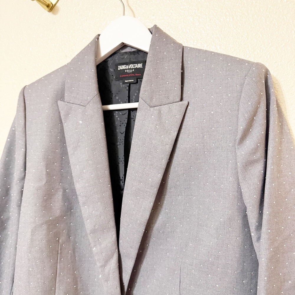 Zadig & Voltaire Valse Polka Dot Rhinestone Embellished Grey Structured Blazer - Picture 11 of 12